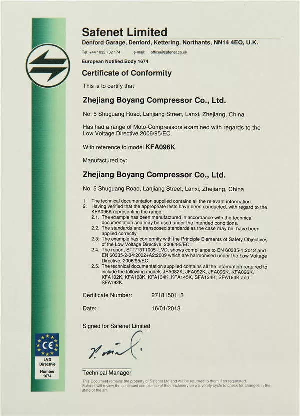 Boyard Compressor Certifications UL, CE, Rohs